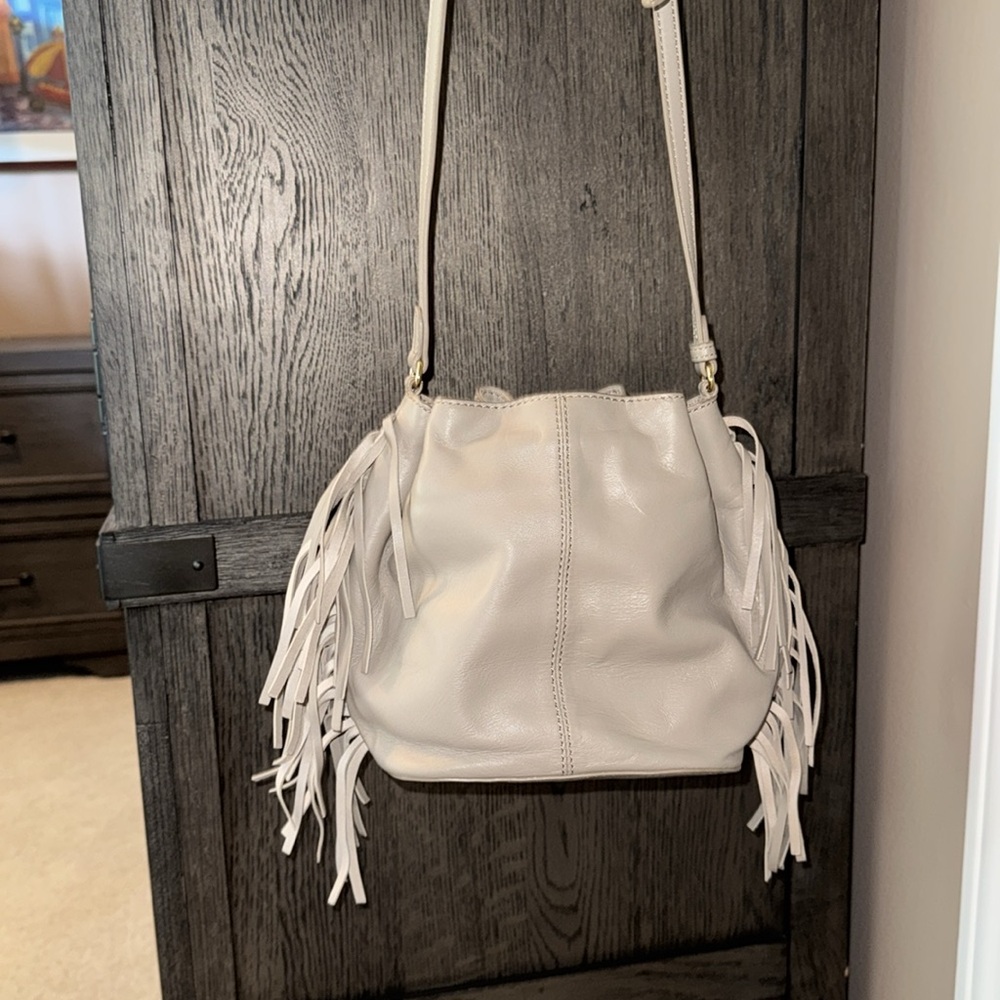 Vince Camuto Shoulder Bag with Drawstring Closure and Fringe Detail w Dustbag - Picture 9 of 10